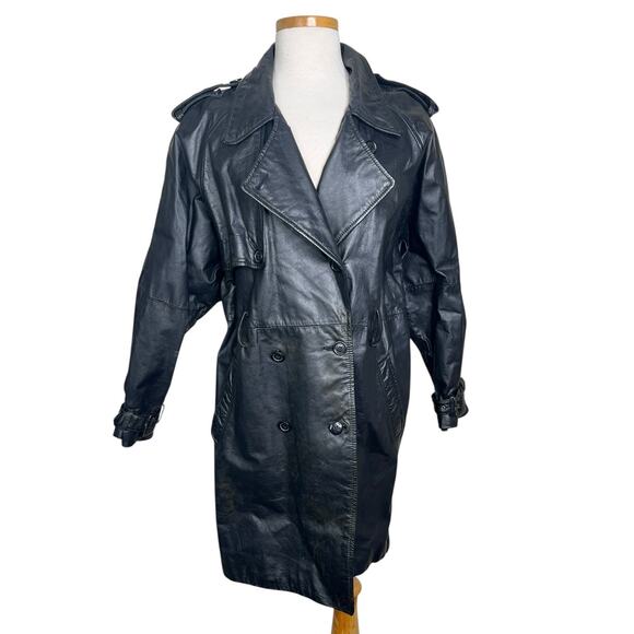 Pelle Studio Wilson's Leather VTG 90s Trench Coat FLAW Black Womens Small - Picture 1 of 9